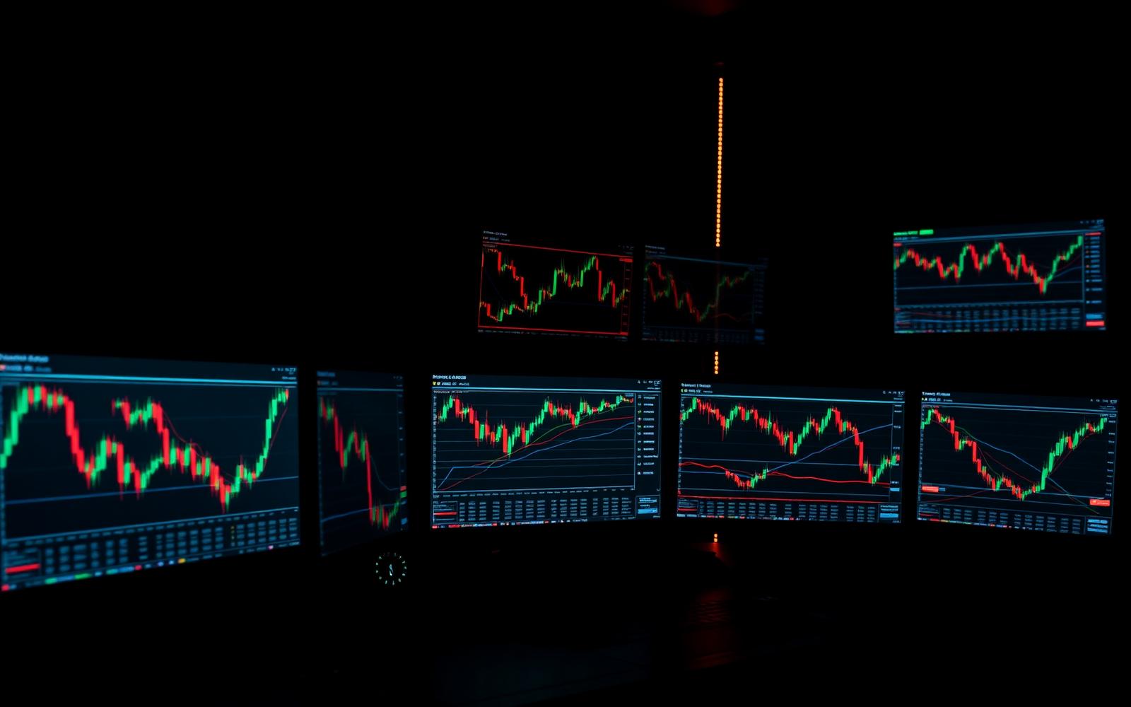 Estación de trading con gráficos de velas y un sistema algorítmico en ejecución